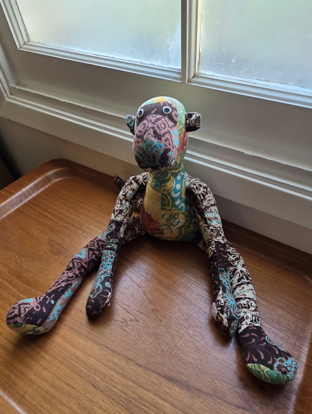 Patchwork fabric monkey toy, artisan stuffed monkey